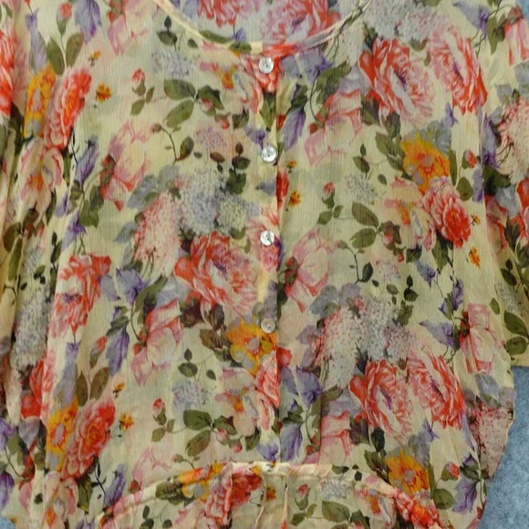 Karen Kane Silk Top Womens L Cream Rose Floral Peplum Blouse Sheer Boho USA Made - Picture 10 of 11